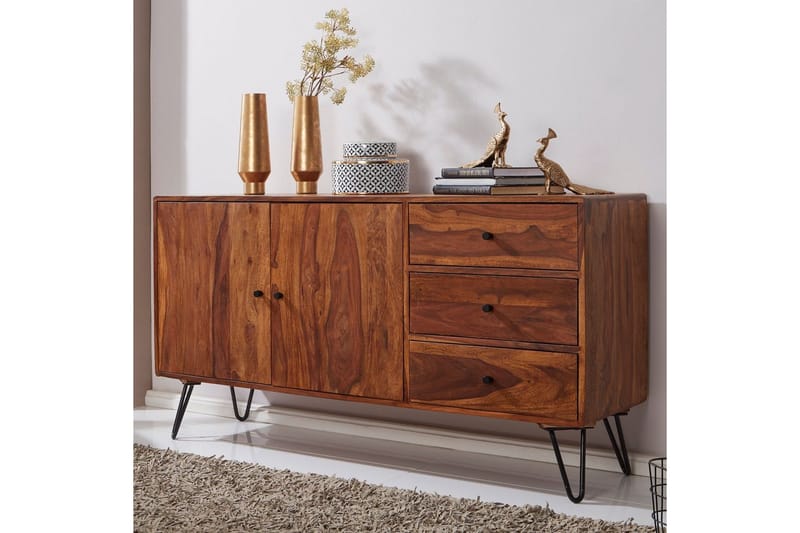 Sideboard Wohnling Massivt trä 145 cm med 3 lådor 1 dörr hårnålsben industriell - Möbler - Vardagsrum - Soffbord & vardagsrumsbord - Sidobord & lampbord - Piedestal & pelarbord