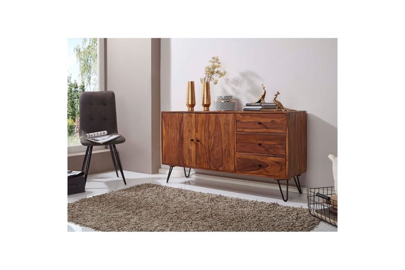 Sideboard Wohnling Massivt trä 145 cm med 3 lådor 1 dörr hårnålsben industriell - Möbler - Vardagsrum - Soffbord & vardagsrumsbord - Sidobord & lampbord - Piedestal & pelarbord