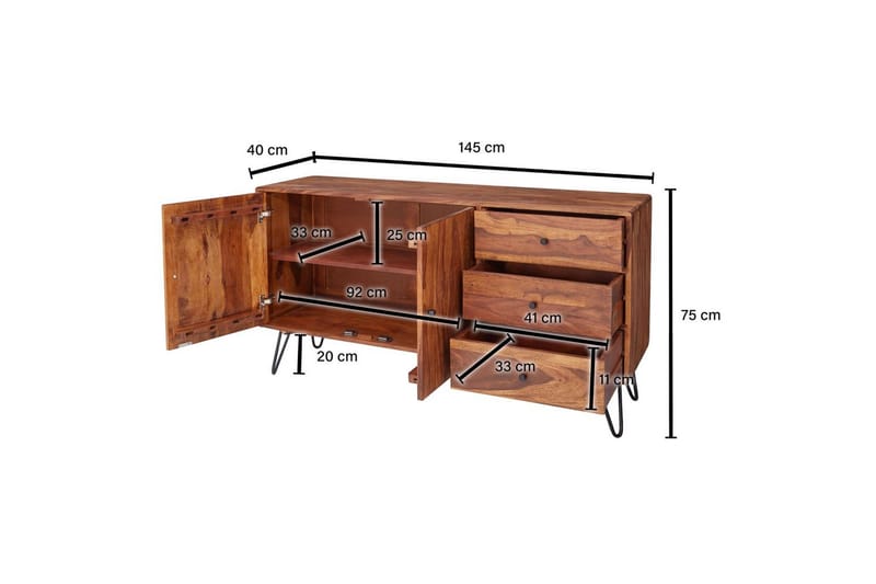 Sideboard Wohnling Massivt trä 145 cm med 3 lådor 1 dörr hårnålsben industriell - Möbler - Vardagsrum - Soffbord & vardagsrumsbord - Sidobord & lampbord - Piedestal & pelarbord
