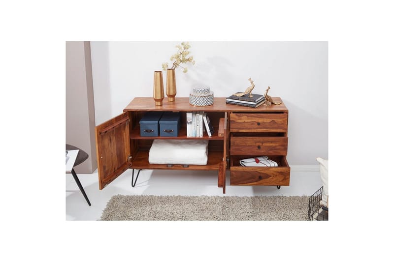 Sideboard Wohnling Massivt trä 145 cm med 3 lådor 1 dörr hårnålsben industriell - Möbler - Vardagsrum - Soffbord & vardagsrumsbord - Sidobord & lampbord - Piedestal & pelarbord