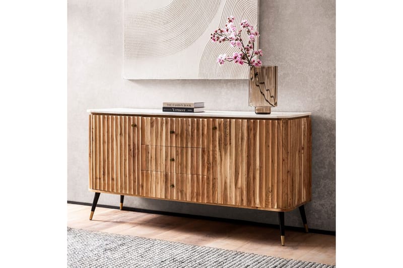 Sideboard Wohnling Massivt trä riktig marmoryta 150 cm 2 dörrar 3 lådor modern - Möbler - Vardagsrum - Soffbord & vardagsrumsbord - Sidobord & lampbord - Piedestal & pelarbord