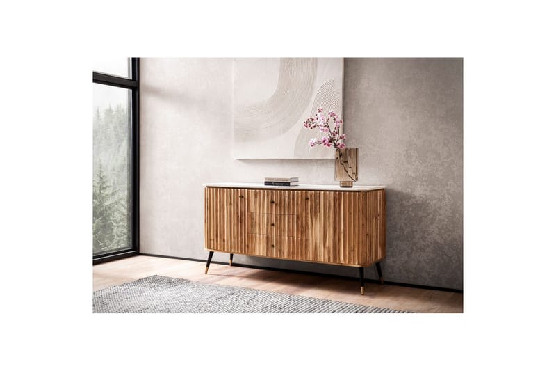 Sideboard Wohnling Massivt trä riktig marmoryta 150 cm 2 dörrar 3 lådor modern - Möbler - Vardagsrum - Soffbord & vardagsrumsbord - Sidobord & lampbord - Piedestal & pelarbord