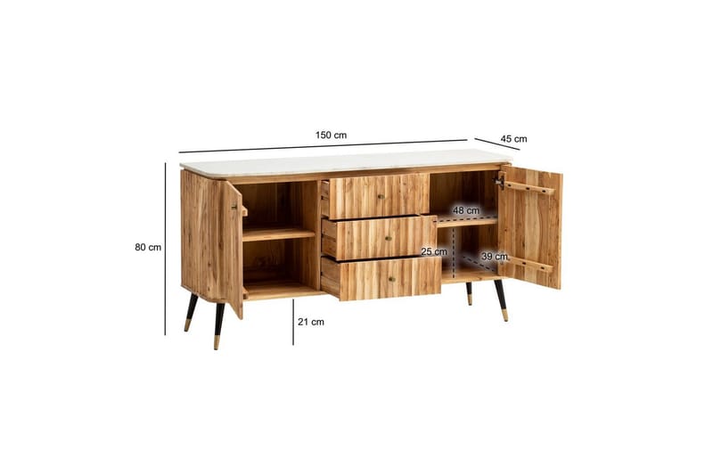 Sideboard Wohnling Massivt trä riktig marmoryta 150 cm 2 dörrar 3 lådor modern - Möbler - Vardagsrum - Soffbord & vardagsrumsbord - Sidobord & lampbord - Piedestal & pelarbord