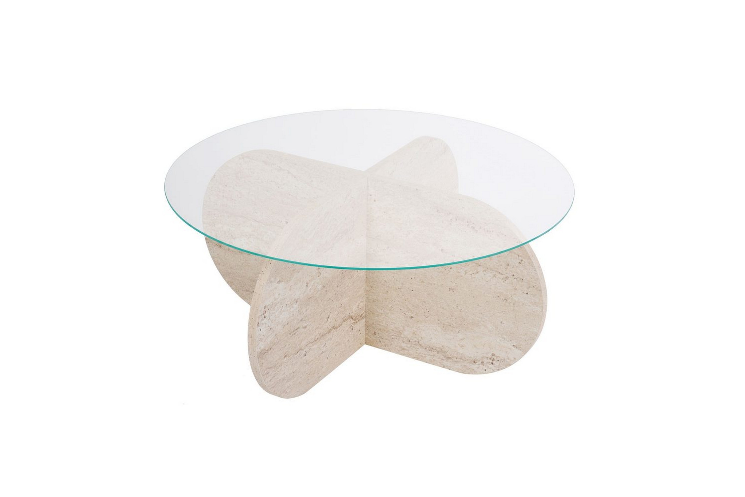 soffbord aeris 75 cm med glasskiva - travertin / transparent