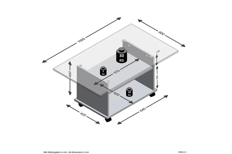 Azur Soffbord 100 cm med Förvaring Hylla på Hjul - Vit/Betonggrå - Möbler - Vardagsrum - Soffbord & vardagsrumsbord - Soffbord
