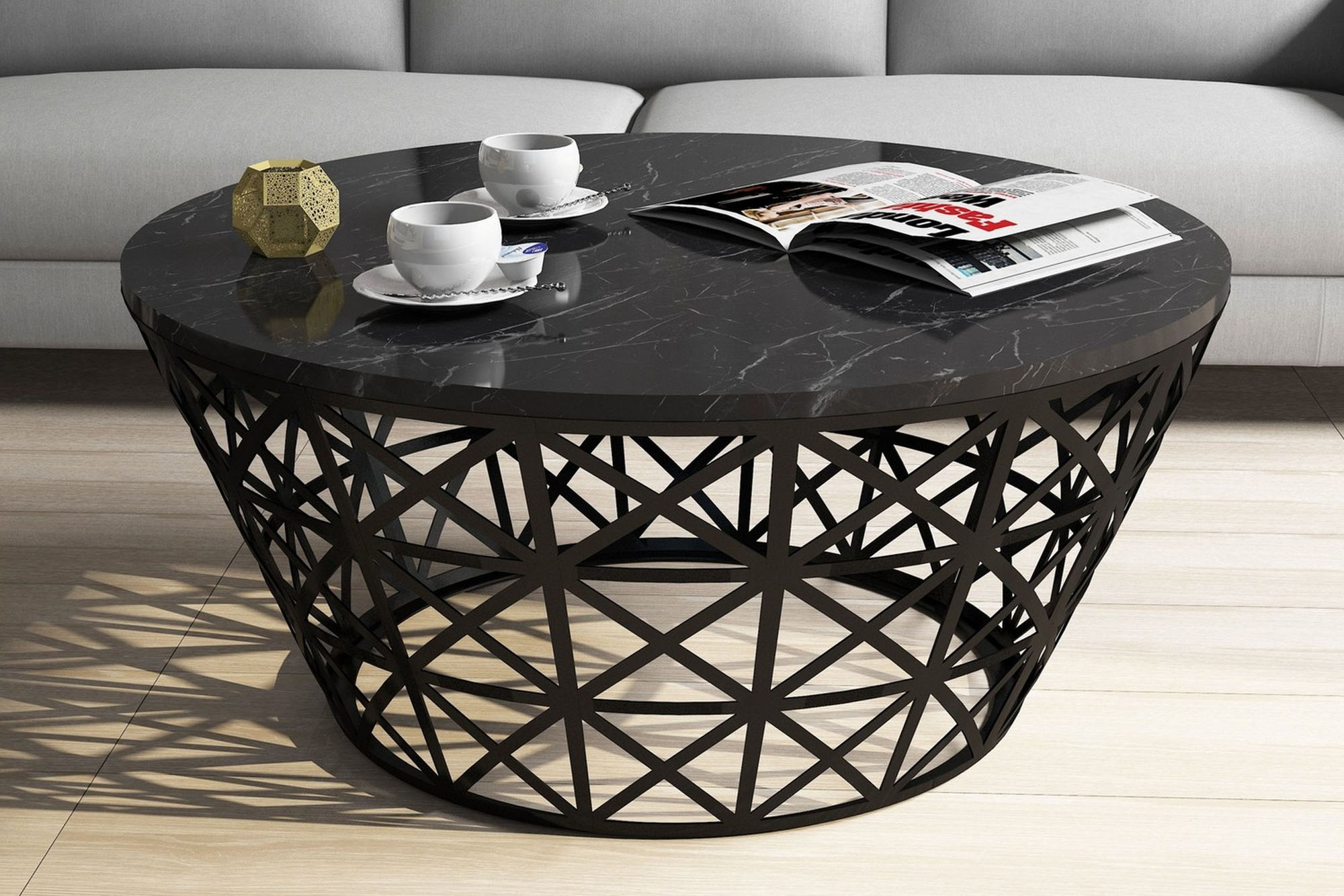 berel soffbord 90 cm runt marmormönster svart -