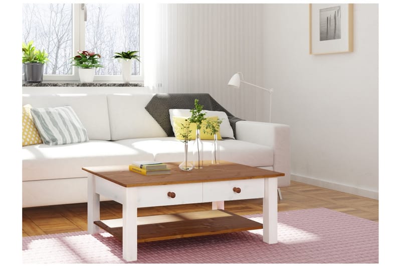 CERVENS Soffbord 100 cm med Förvaring Lådor + Hylla Vit/Brun - Möbler - Vardagsrum - Soffbord & vardagsrumsbord - Soffbord