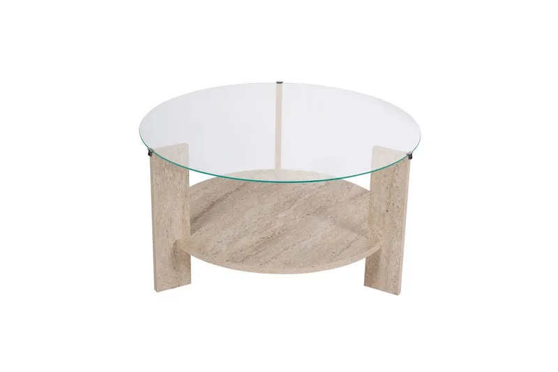 Soffbord Clara 75 cm med Glasskiva, Travertin / Transparent