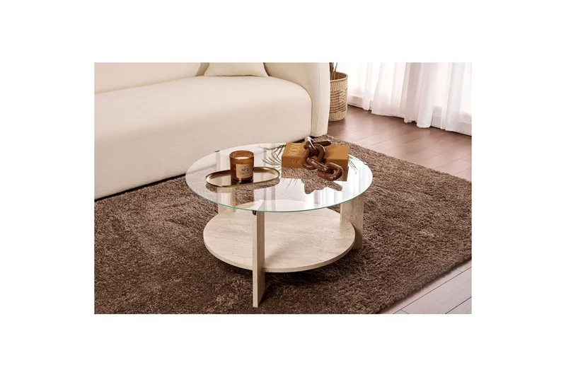 Soffbord Clara 75 cm med Glasskiva - Travertin / Transparent - Möbler - Vardagsrum - Soffbord & vardagsrumsbord - Soffbord