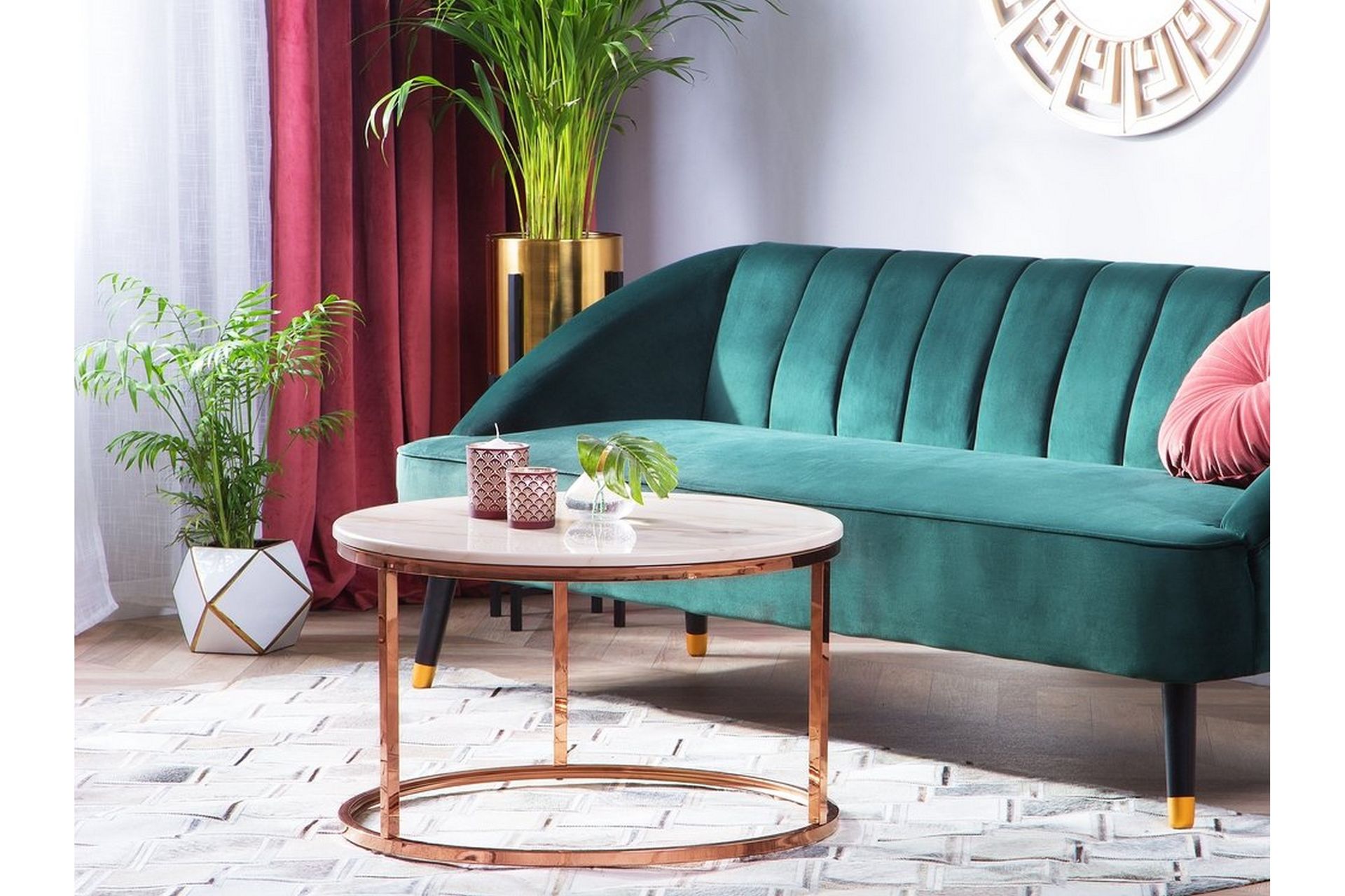 corabin soffbord 70 cm runt marmormönster vit/koppar -