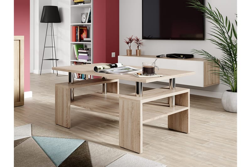 CURLAND Soffbord 110 cm med Förvaring Hyllor Ekfärg/Krom - Beige/Grå - Möbler - Vardagsrum - Soffbord & vardagsrumsbord - Soffbord