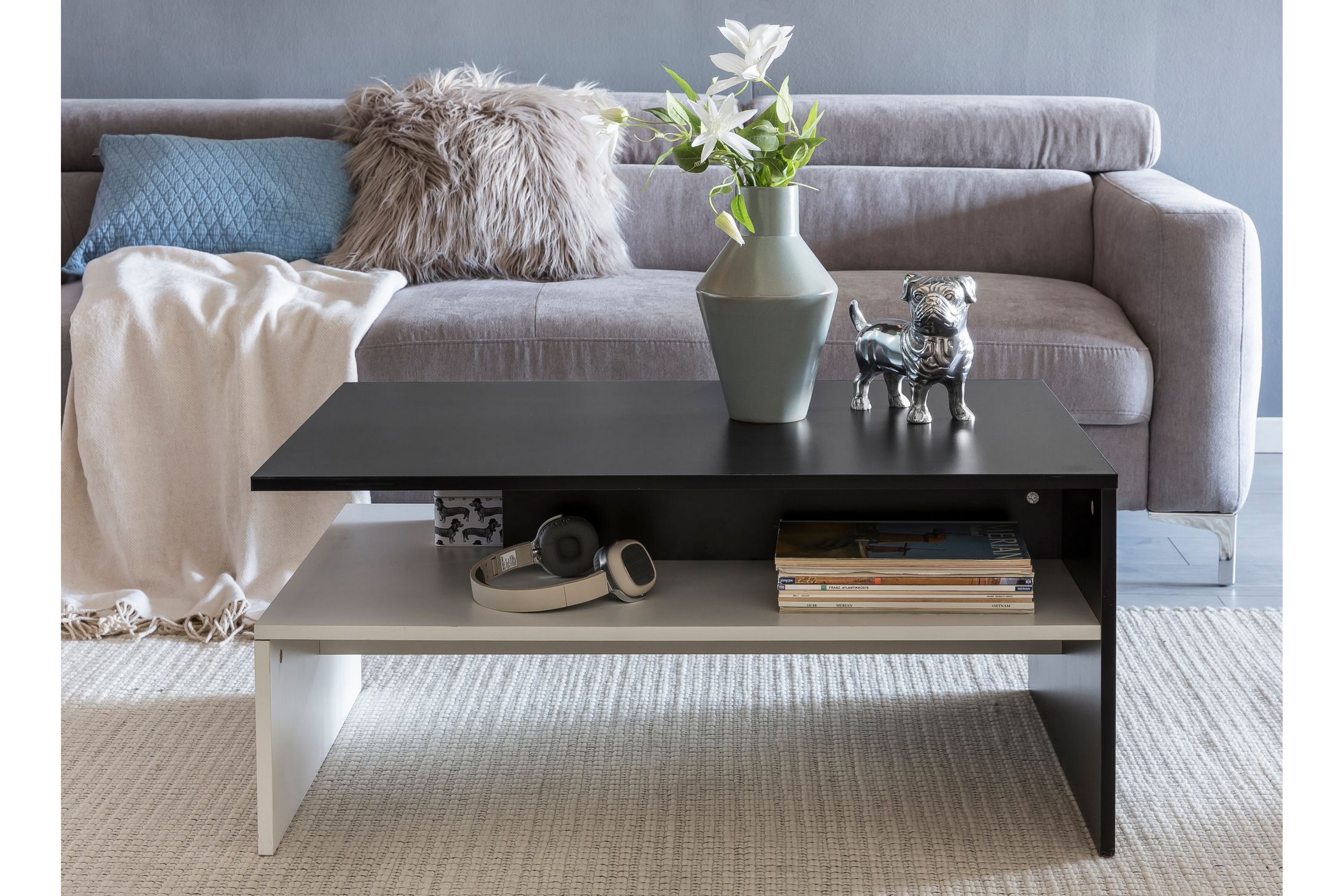 dalginross soffbord 90 cm med förvaring hylla svart/vit -