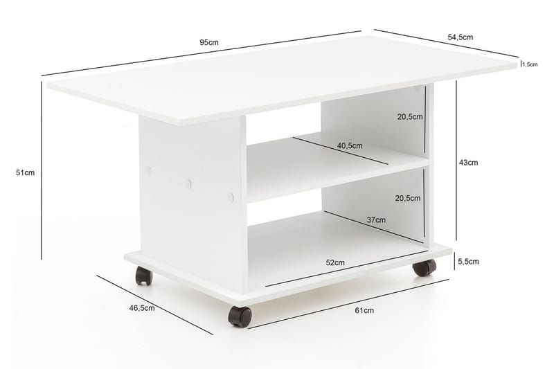 Dewand Rektangulärt Soffbord 95 cm med Hjul och Hyllor i Trä - Vit - Möbler - Vardagsrum - Soffbord & vardagsrumsbord - Soffbord