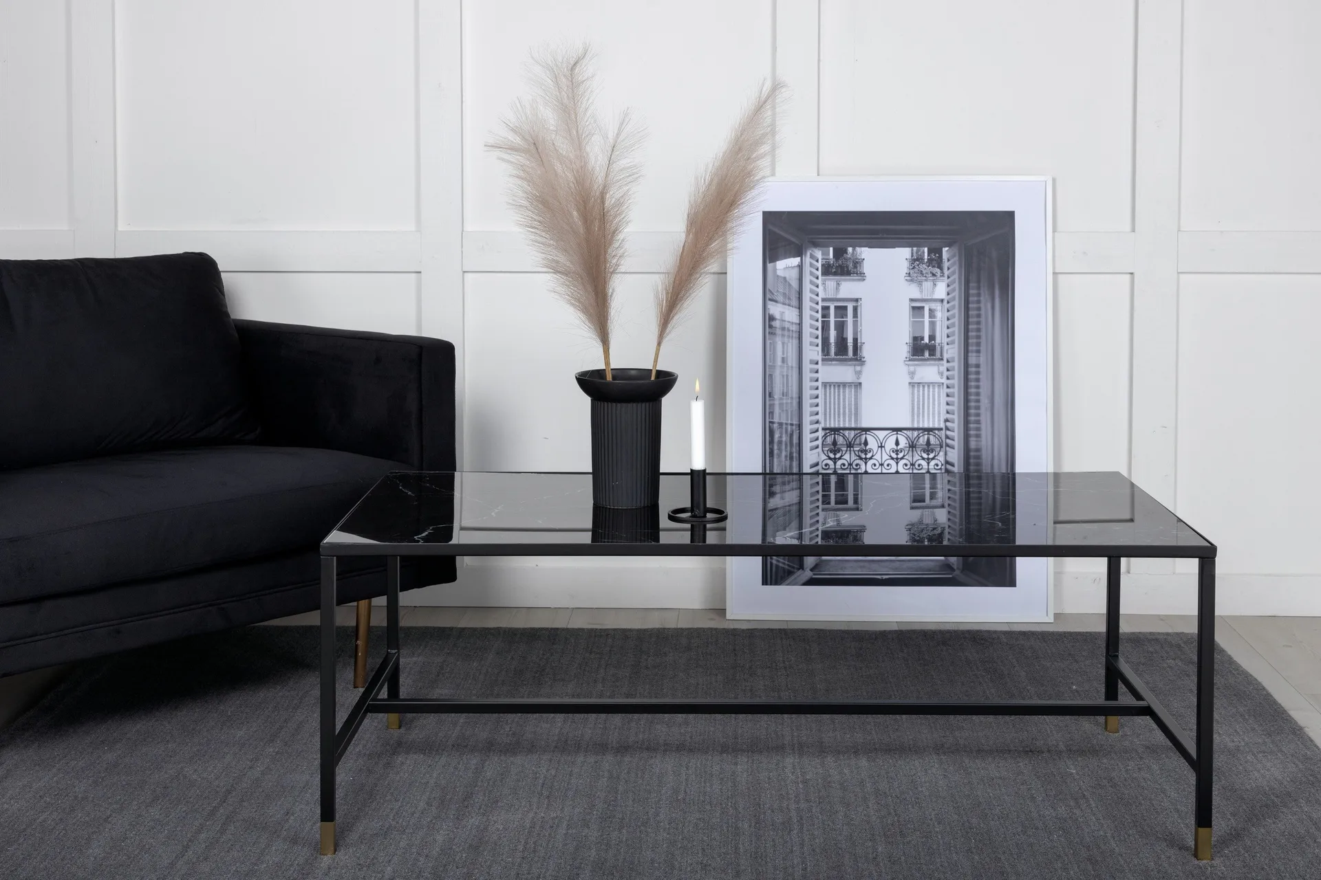 Dipp Soffbord 130 cm Marmorm&ouml;nster - Glas/Svart/M&auml;ssing