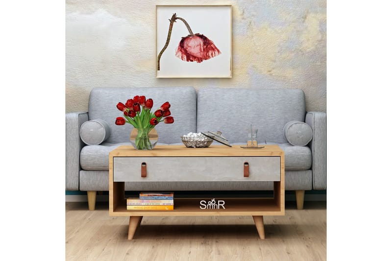 ELLINA Soffbord 80 cm m Förvaring Låda+Hylla Läderbeslag Grå - Grå/Trä - Möbler - Vardagsrum - Soffbord & vardagsrumsbord - Soffbord