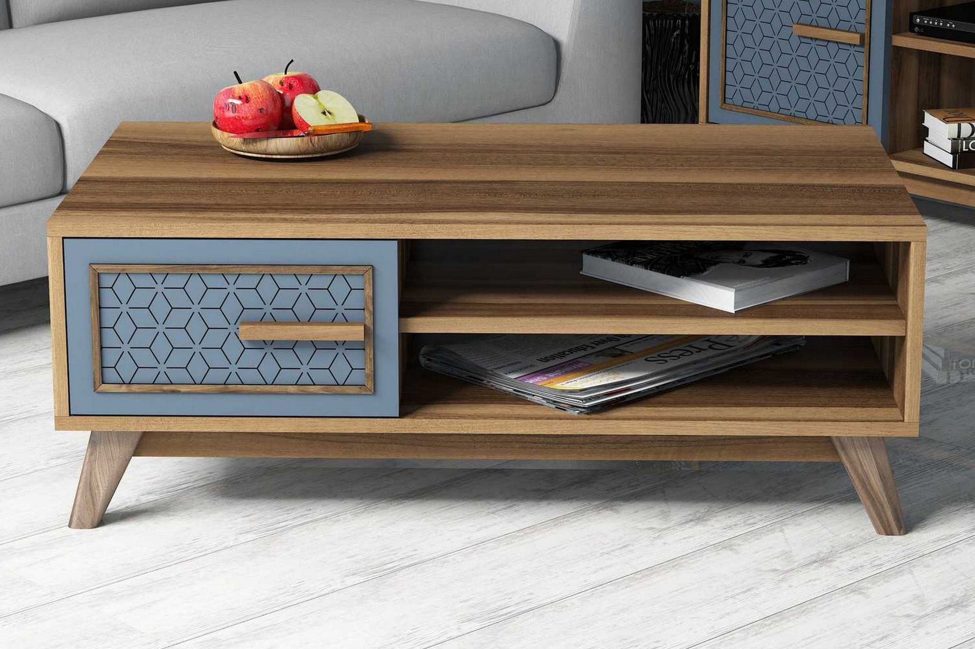 Hovdane Soffbord 105 cm m F&ouml;rvaring 2 Hyllor+Sk&aring;p Diamantm&ouml;n - Brun/Bl&aring;