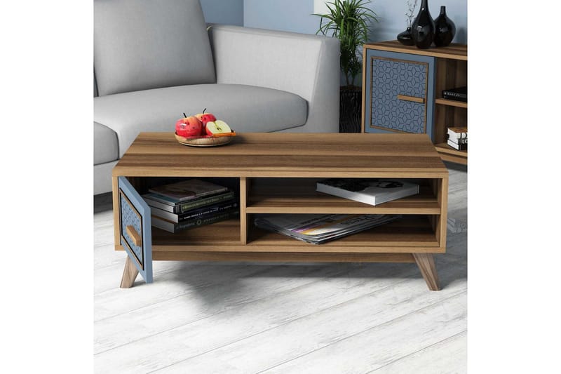 Hovdane Soffbord 105 cm m Förvaring 2 Hyllor+Skåp Diamantmön - Brun/Blå - Möbler - Vardagsrum - Soffbord & vardagsrumsbord - Soffbord