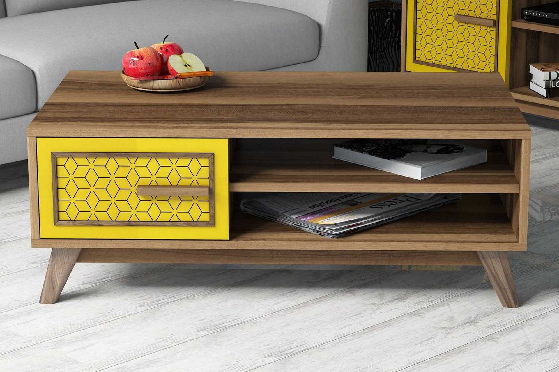 Hovdane Soffbord 105 cm m F&ouml;rvaring 2 Hyllor+Sk&aring;p Diamantm&ouml;n - Brun/Gul/Ek