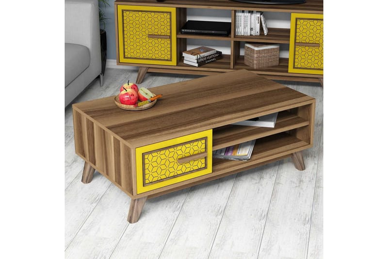 Hovdane Soffbord 105 cm m Förvaring 2 Hyllor+Skåp Diamantmön - Brun/Gul/Ek - Möbler - Vardagsrum - Soffbord & vardagsrumsbord - Soffbord
