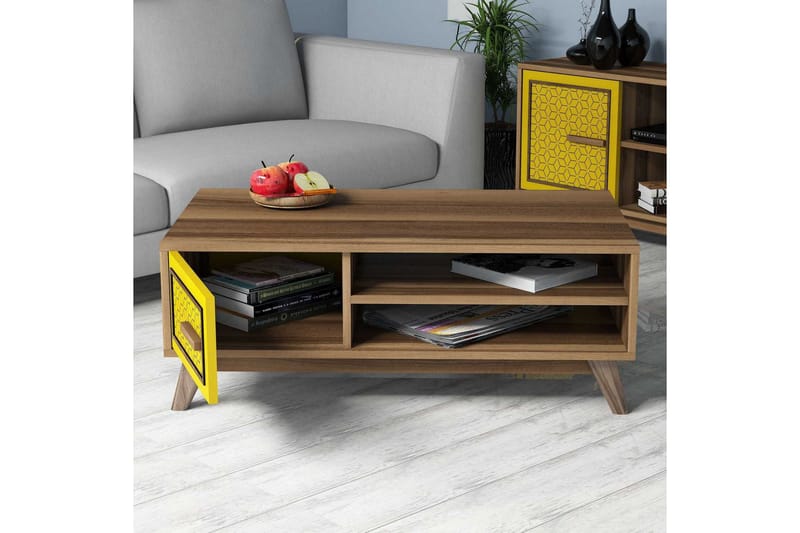 Hovdane Soffbord 105 cm m Förvaring 2 Hyllor+Skåp Diamantmön - Brun/Gul/Ek - Möbler - Vardagsrum - Soffbord & vardagsrumsbord - Soffbord
