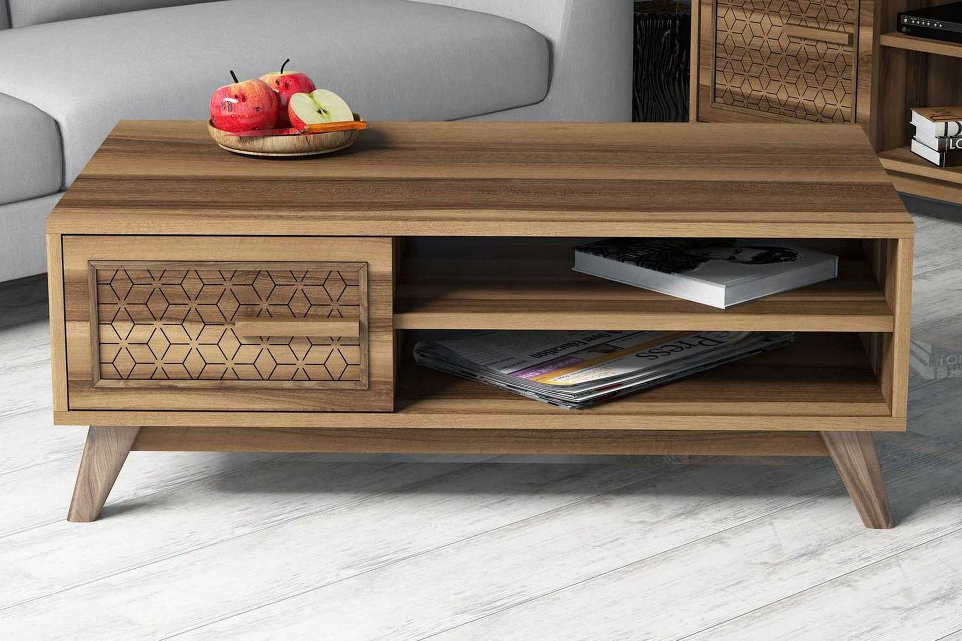 Hovdane Soffbord 105 cm m F&ouml;rvaring 2 Hyllor+Sk&aring;p Diamantm&ouml;n - Brun/Natur