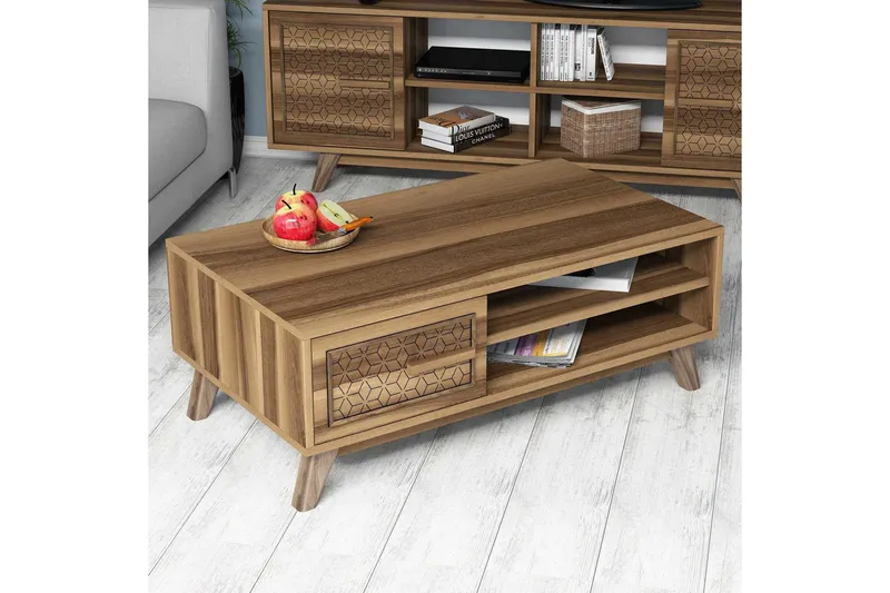 Hovdane Soffbord 105 cm m Förvaring 2 Hyllor+Skåp Diamantmön - Brun/Natur - Möbler - Vardagsrum - Soffbord & vardagsrumsbord - Soffbord