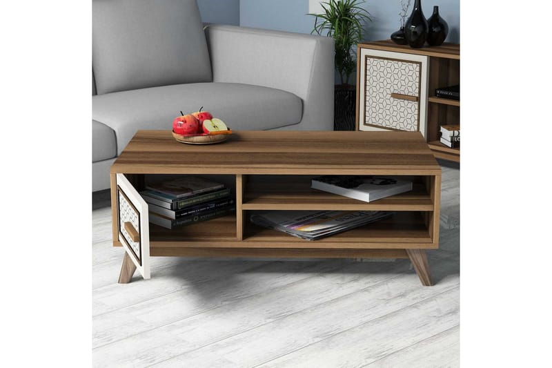 Hovdane Soffbord 105 cm m Förvaring 2 Hyllor+Skåp Diamantmön - Brun/Vit - Möbler - Vardagsrum - Soffbord & vardagsrumsbord - Soffbord