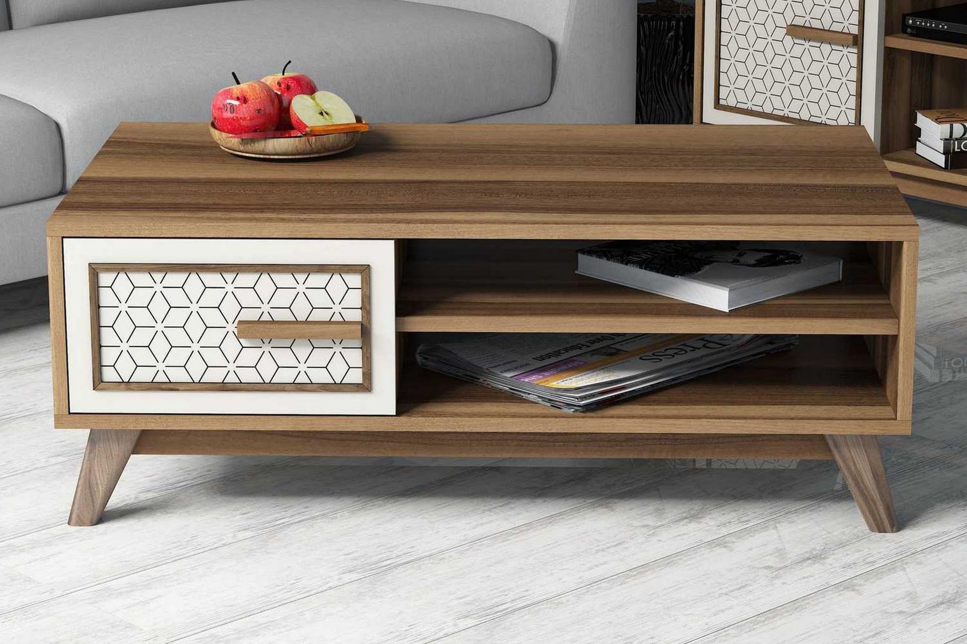 Hovdane Soffbord 105 cm m F&ouml;rvaring 2 Hyllor+Sk&aring;p Diamantm&ouml;n - Brun/Vit