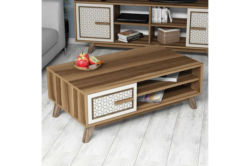 Hovdane Soffbord 105 cm m Förvaring 2 Hyllor+Skåp Diamantmön - Brun/Vit - Möbler - Vardagsrum - Soffbord & vardagsrumsbord - Soffbord