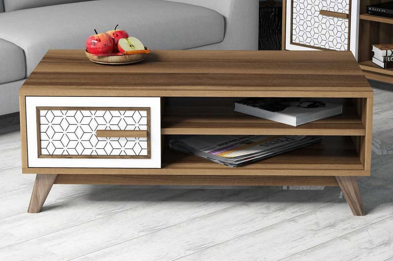 Hovdane Soffbord 105 cm m Förvaring 2 Hyllor+Skåp Diamantmön, Ek/Vit/Brun