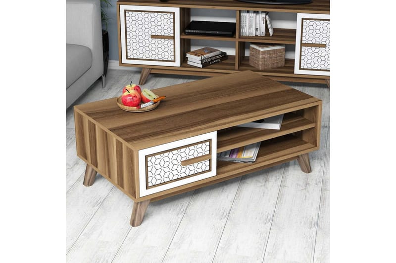 Hovdane Soffbord 105 cm m Förvaring 2 Hyllor+Skåp Diamantmön - Ek/Vit/Brun - Möbler - Vardagsrum - Soffbord & vardagsrumsbord - Soffbord
