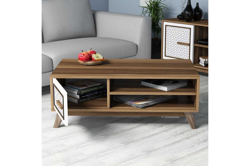 Hovdane Soffbord 105 cm m Förvaring 2 Hyllor+Skåp Diamantmön - Ek/Vit/Brun - Möbler - Vardagsrum - Soffbord & vardagsrumsbord - Soffbord