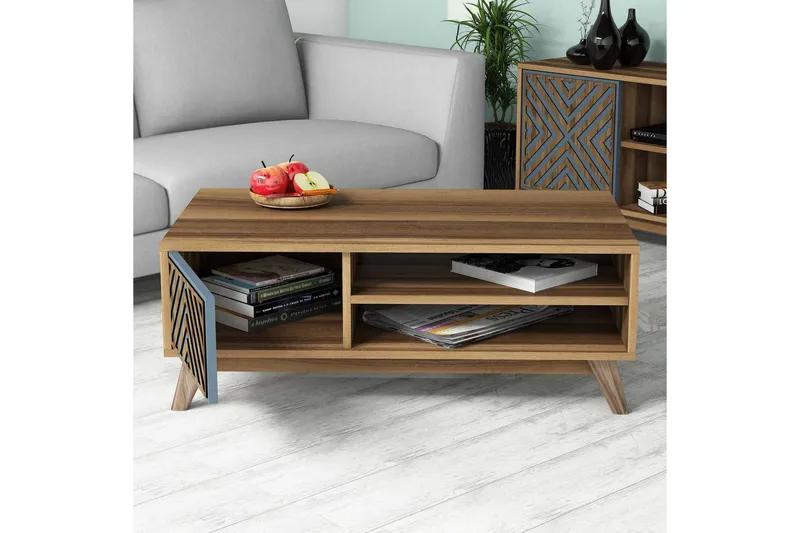 Hovdane Soffbord 105 cm med Förvaring 2 Hyllor Linjer + Skåp - Blå/Brun - Möbler - Vardagsrum - Soffbord & vardagsrumsbord - Soffbord