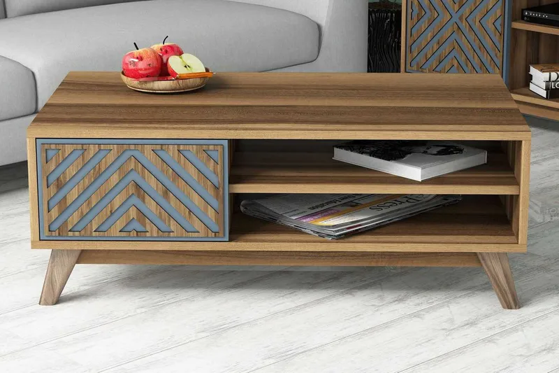 Hovdane Soffbord 105 cm med Förvaring 2 Hyllor Linjer + Skåp, Blå/Brun