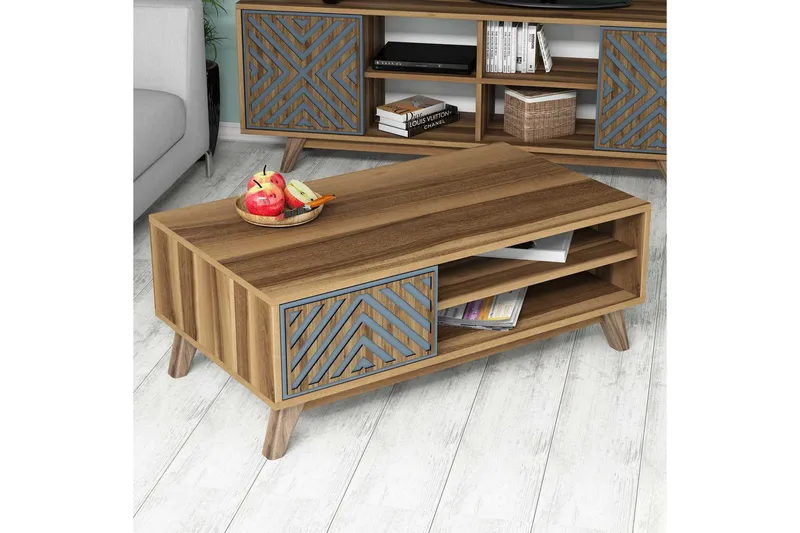 Hovdane Soffbord 105 cm med Förvaring 2 Hyllor Linjer + Skåp - Blå/Brun - Möbler - Vardagsrum - Soffbord & vardagsrumsbord - Soffbord