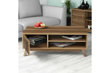 Hovdane Soffbord 105 cm med Förvaring 2 Hyllor Linjer + Skåp - Brun - Möbler - Vardagsrum - Soffbord & vardagsrumsbord - Soffbord