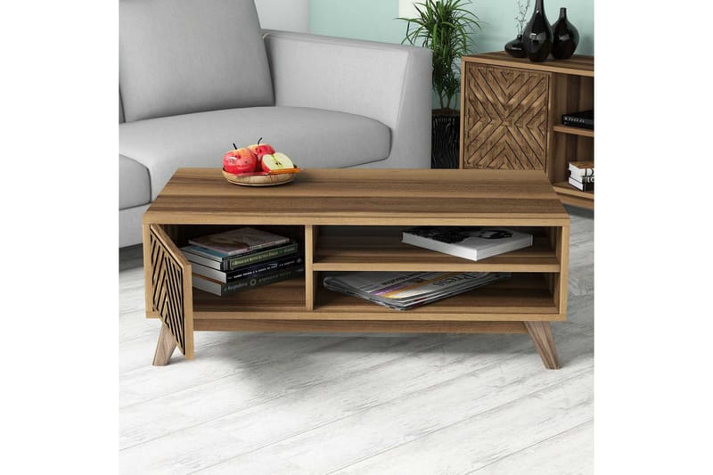 Hovdane Soffbord 105 cm med Förvaring 2 Hyllor Linjer + Skåp - Brun - Möbler - Vardagsrum - Soffbord & vardagsrumsbord - Soffbord
