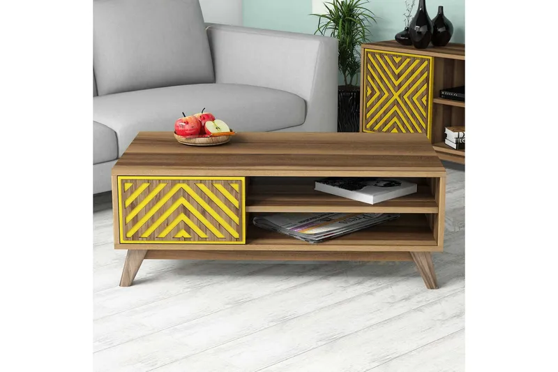 Hovdane Soffbord 105 cm med Förvaring 2 Hyllor Linjer + Skåp - Brun/Gul - Möbler - Vardagsrum - Soffbord & vardagsrumsbord - Soffbord