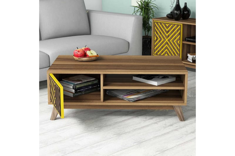 Hovdane Soffbord 105 cm med Förvaring 2 Hyllor Linjer + Skåp - Brun/Gul - Möbler - Vardagsrum - Soffbord & vardagsrumsbord - Soffbord