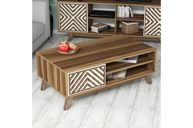 Hovdane Soffbord 105 cm med Förvaring 2 Hyllor Linjer + Skåp - Vit/Brun - Möbler - Vardagsrum - Soffbord & vardagsrumsbord - Soffbord