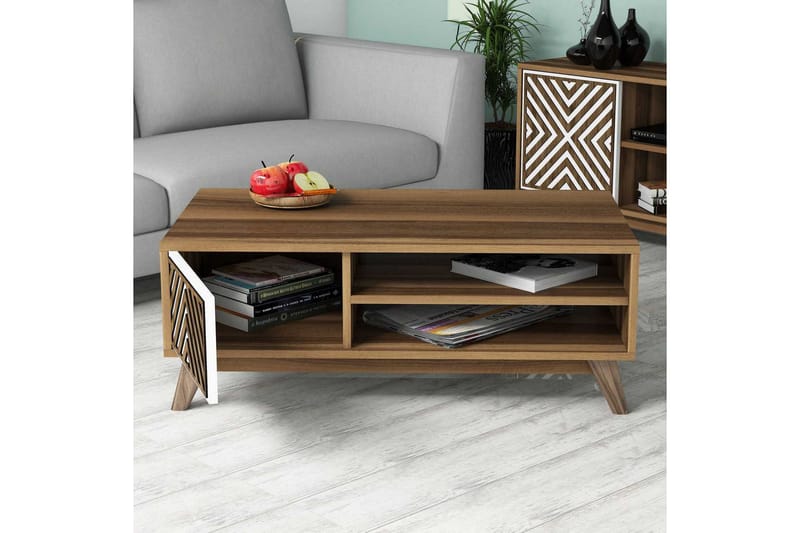 Hovdane Soffbord 105 cm med Förvaring 2 Hyllor Linjer + Skåp - Vit/Brun - Möbler - Vardagsrum - Soffbord & vardagsrumsbord - Soffbord