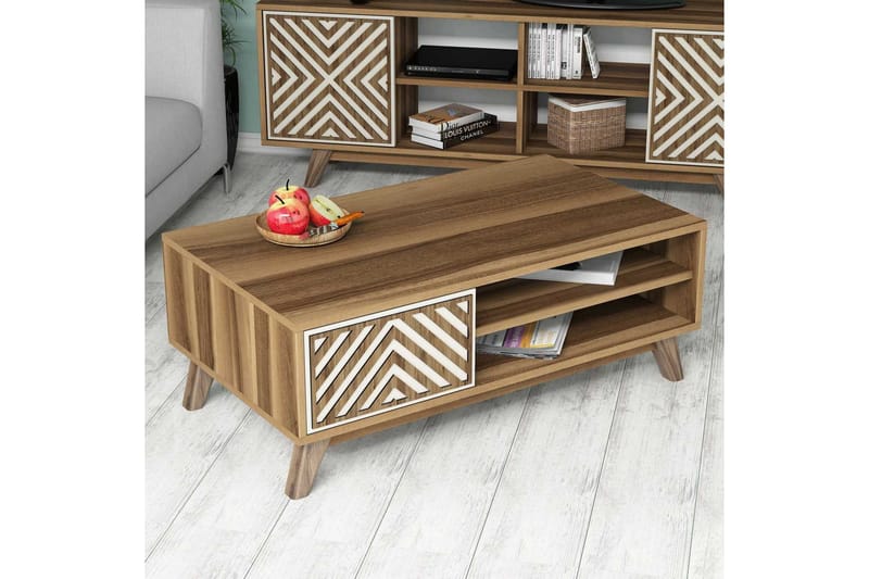 Hovdane Soffbord 105 cm med Förvaring 2 Hyllor + Skåp Linjer - Brun/Vit/Ek - Möbler - Vardagsrum - Soffbord & vardagsrumsbord - Soffbord