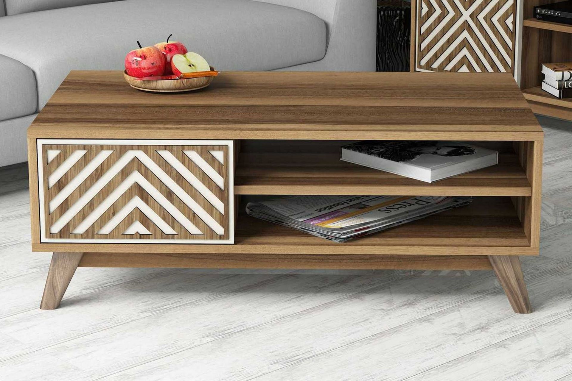 Hovdane Soffbord 105 cm med F&ouml;rvaring 2 Hyllor + Sk&aring;p Linjer - Brun/Vit/Ek