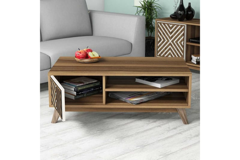 Hovdane Soffbord 105 cm med Förvaring 2 Hyllor + Skåp Linjer - Brun/Vit/Ek - Möbler - Vardagsrum - Soffbord & vardagsrumsbord - Soffbord