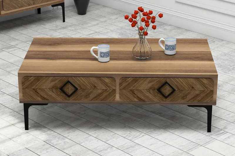 Hovdane Soffbord 105 cm med Förvaring Hylla Fiskbensmönster - Brun - Möbler - Vardagsrum - Soffbord & vardagsrumsbord - Soffbord