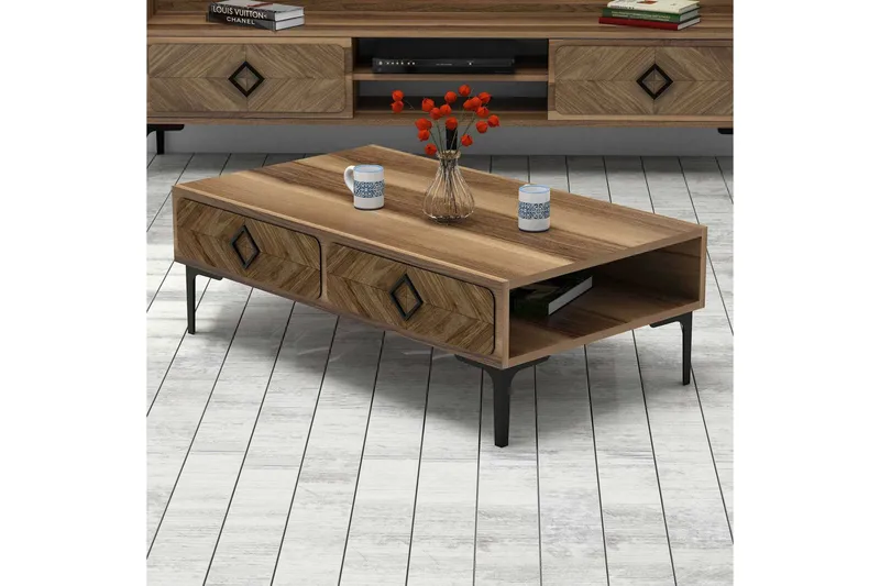 Hovdane Soffbord 105 cm med Förvaring Hylla Fiskbensmönster - Brun - Möbler - Vardagsrum - Soffbord & vardagsrumsbord - Soffbord