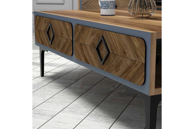 Hovdane Soffbord 105 cm med Förvaring Hylla Fiskbensmönster - Brun/Blå - Möbler - Vardagsrum - Soffbord & vardagsrumsbord - Soffbord