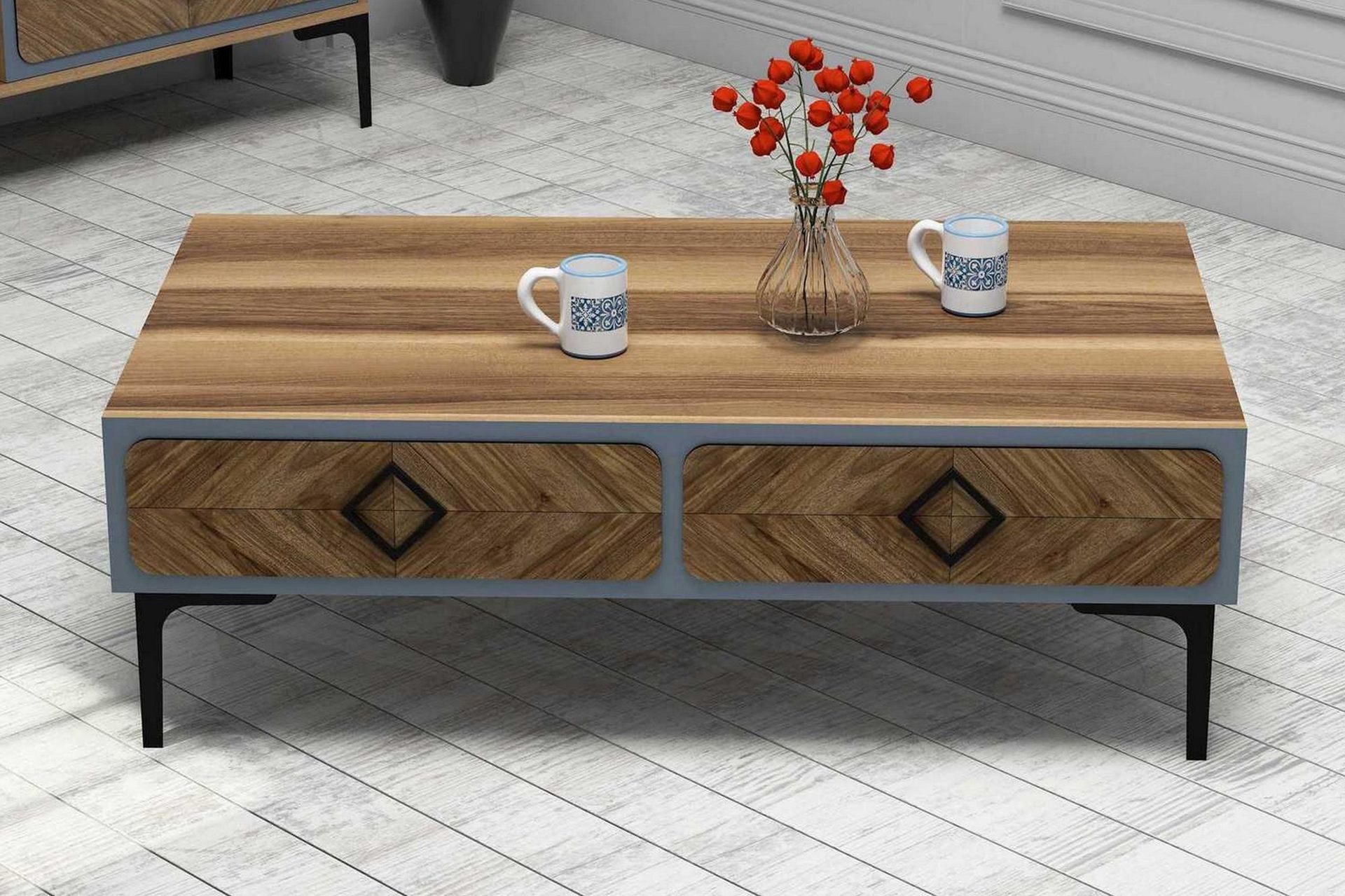 hovdane soffbord 105 cm med förvaring hylla fiskbensmönster - brun/blå