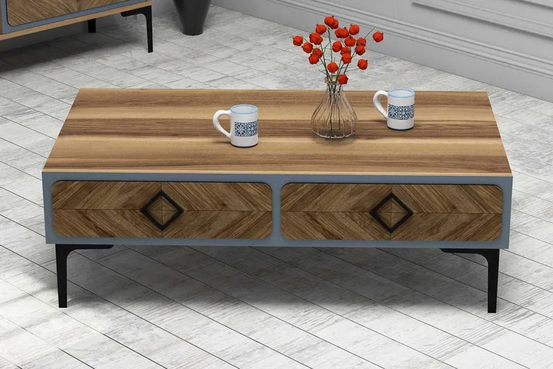 Hovdane Soffbord 105 cm med Förvaring Hylla Fiskbensmönster - Brun/Blå - Möbler - Vardagsrum - Soffbord & vardagsrumsbord - Soffbord