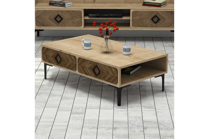 Hovdane Soffbord 105 cm med Förvaring Hylla Fiskbensmönster - Ljusbrun - Möbler - Vardagsrum - Soffbord & vardagsrumsbord - Soffbord